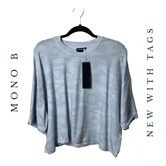 MONO B SHORT SLEEVE CROP TOP OVERSIZED BLUE CAMO IN COLOR SIZE 1X CUFFED SLEEVES - Picture 1 of 9